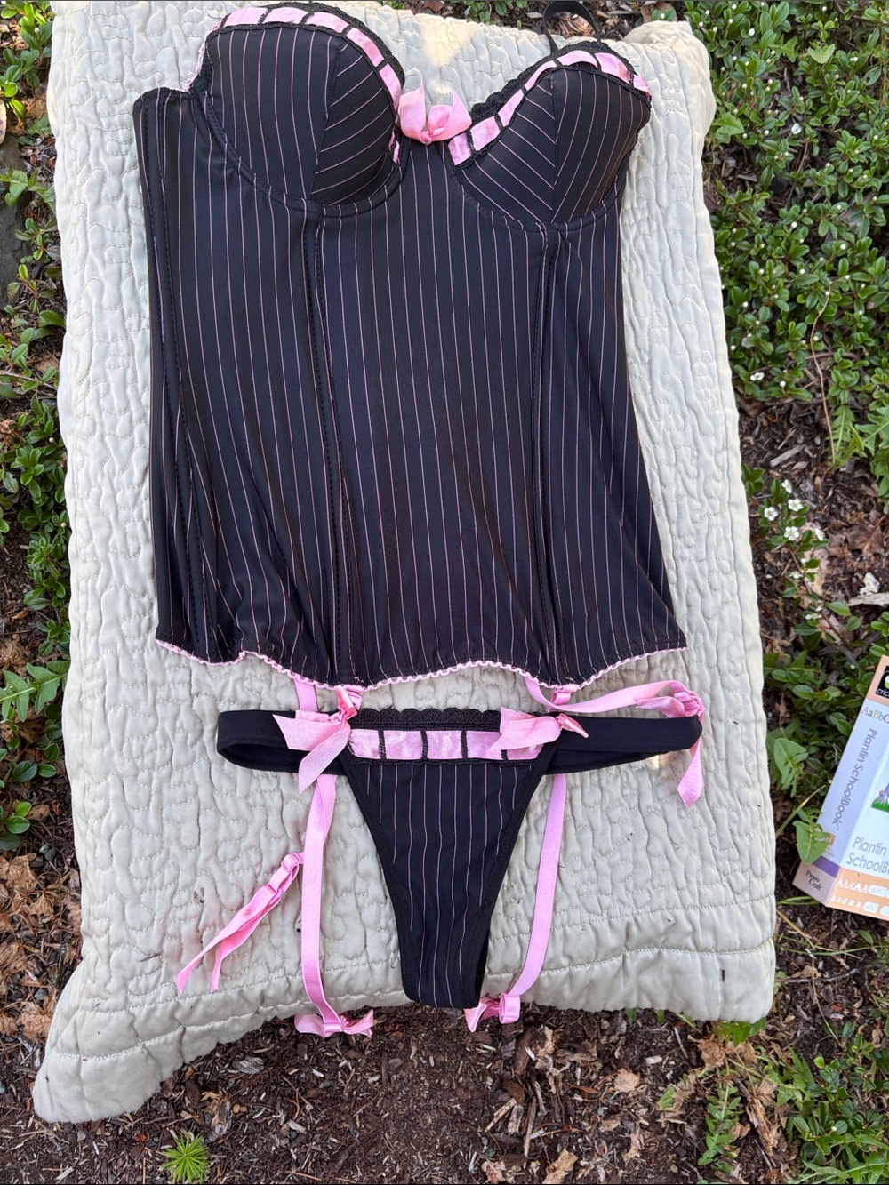 Black & Pink Pinstripe Bustier Set - Women Intimates